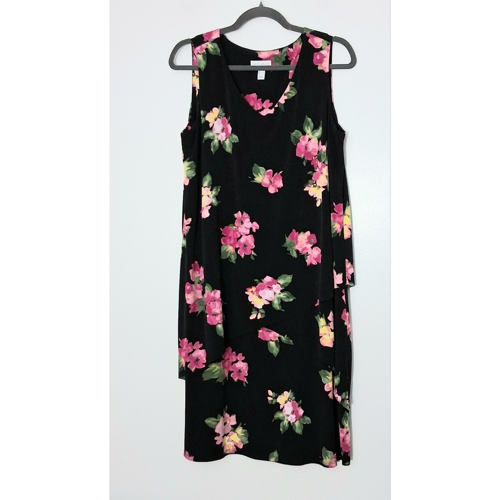 Susan Graver Dress Women's Medium Black Sleeveless Floral Tiered Shift Pre-owned